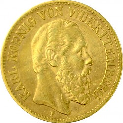 10 Mark Karl König von Württemberg 3,58g Gold (1872, 1873) 10 Mark Karl Köni...