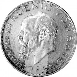 3 Mark German Empire Ludwig III King of Bavaria 15g Silver - 1914 3 Mark German Emp...